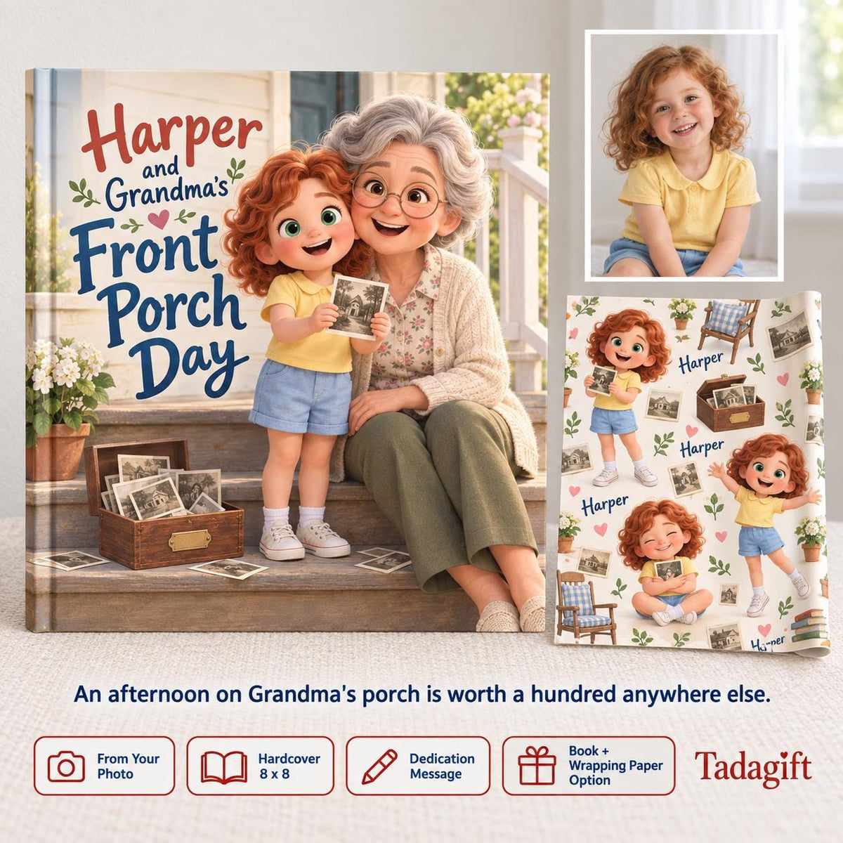 Personalized Children's Book in Hardcover: Illustrated Grandmas Front Porch with Wrapping Paper Included