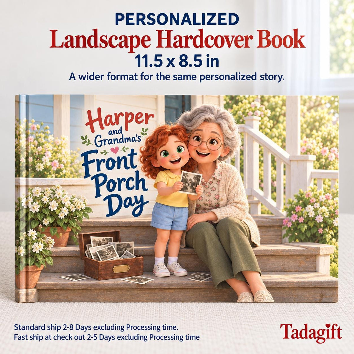 Personalized Children's Book in Hardcover: Illustrated Grandmas Front Porch with Wrapping Paper Included