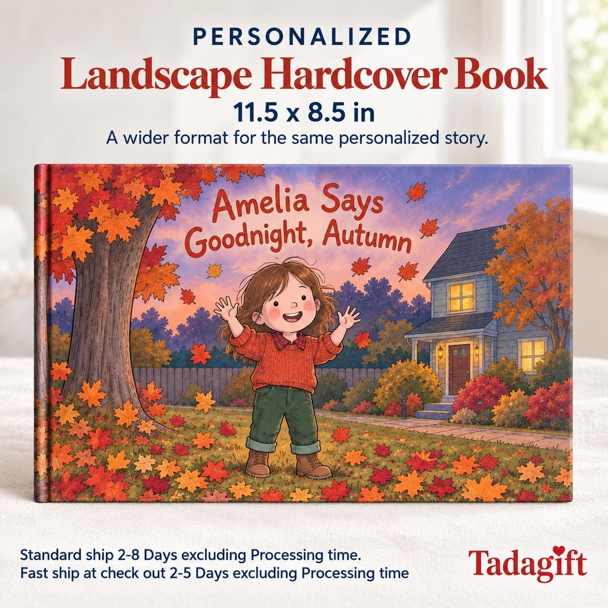 Personalized Children's Book in Hardcover: Illustrated Goodnight Autumn Story with Wrapping Paper Included