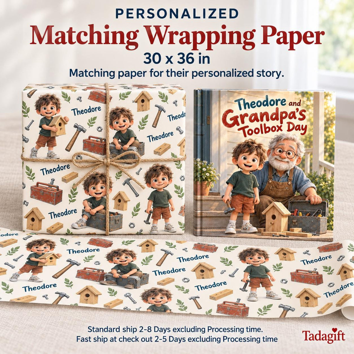 Personalized Children's Book in Hardcover: Illustrated Grandpas Toolbox Story with Wrapping Paper Included