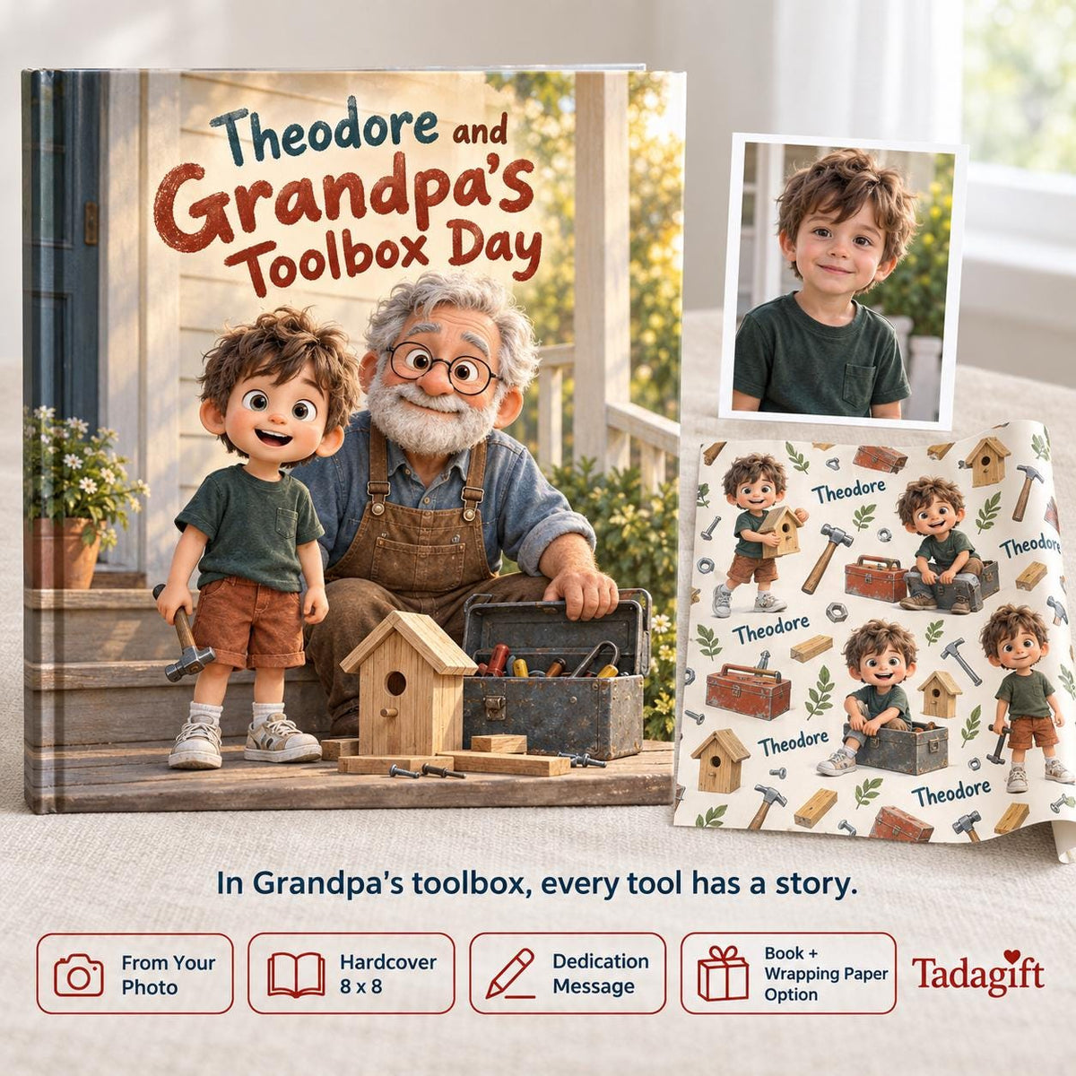 Personalized Children's Book in Hardcover: Illustrated Grandpas Toolbox Story with Wrapping Paper Included