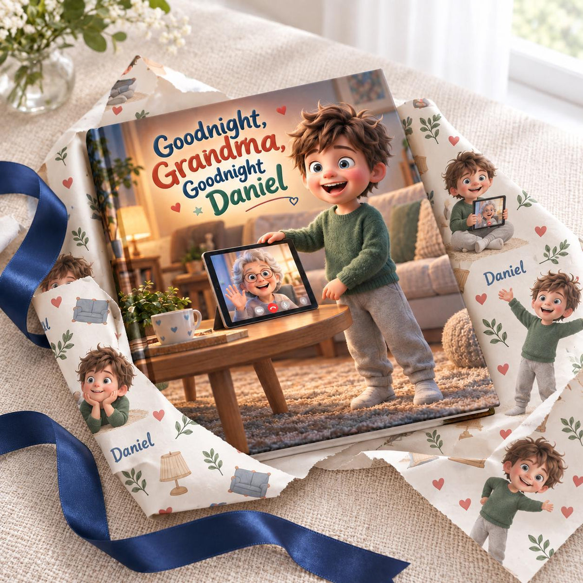 Personalized Children's Book in Hardcover: Illustrated Goodnight Grandma Story with Wrapping Paper Included