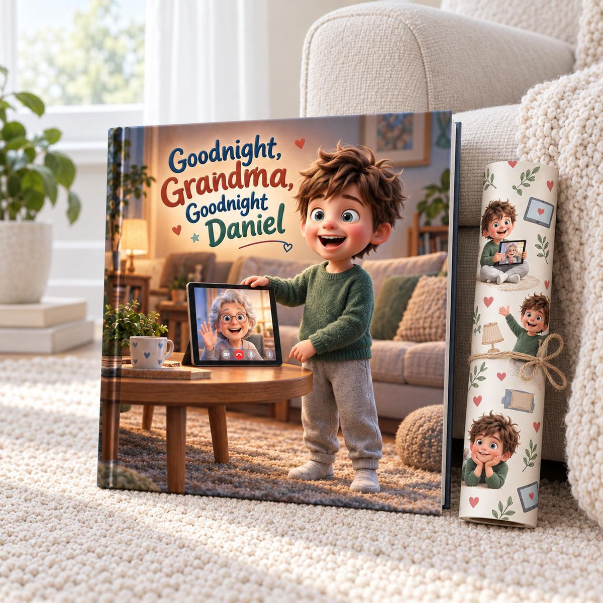 Personalized Children's Book in Hardcover: Illustrated Goodnight Grandma Story with Wrapping Paper Included