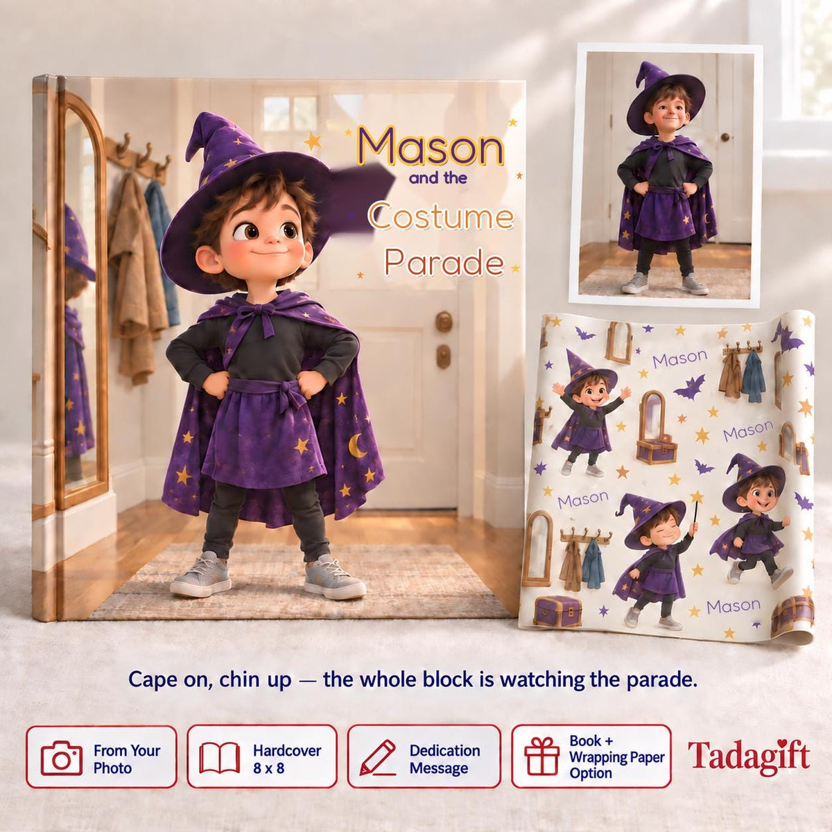 Personalized Children's Book in Hardcover: Halloween Costume Parade Story with Wrapping Paper Included