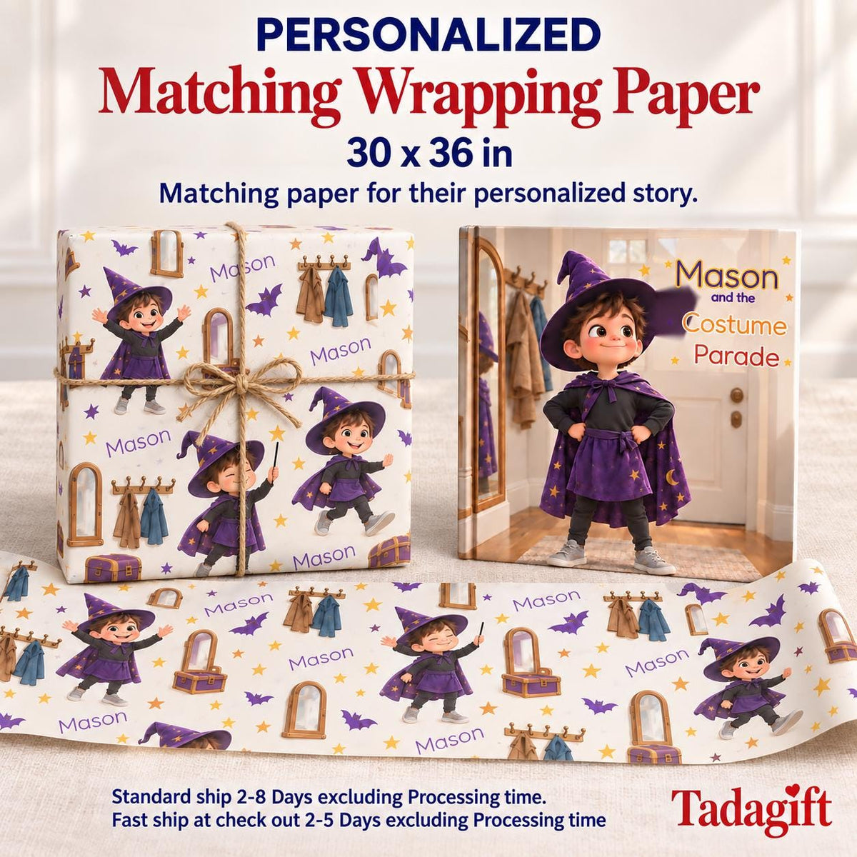 Personalized Children's Book in Hardcover: Halloween Costume Parade Story with Wrapping Paper Included