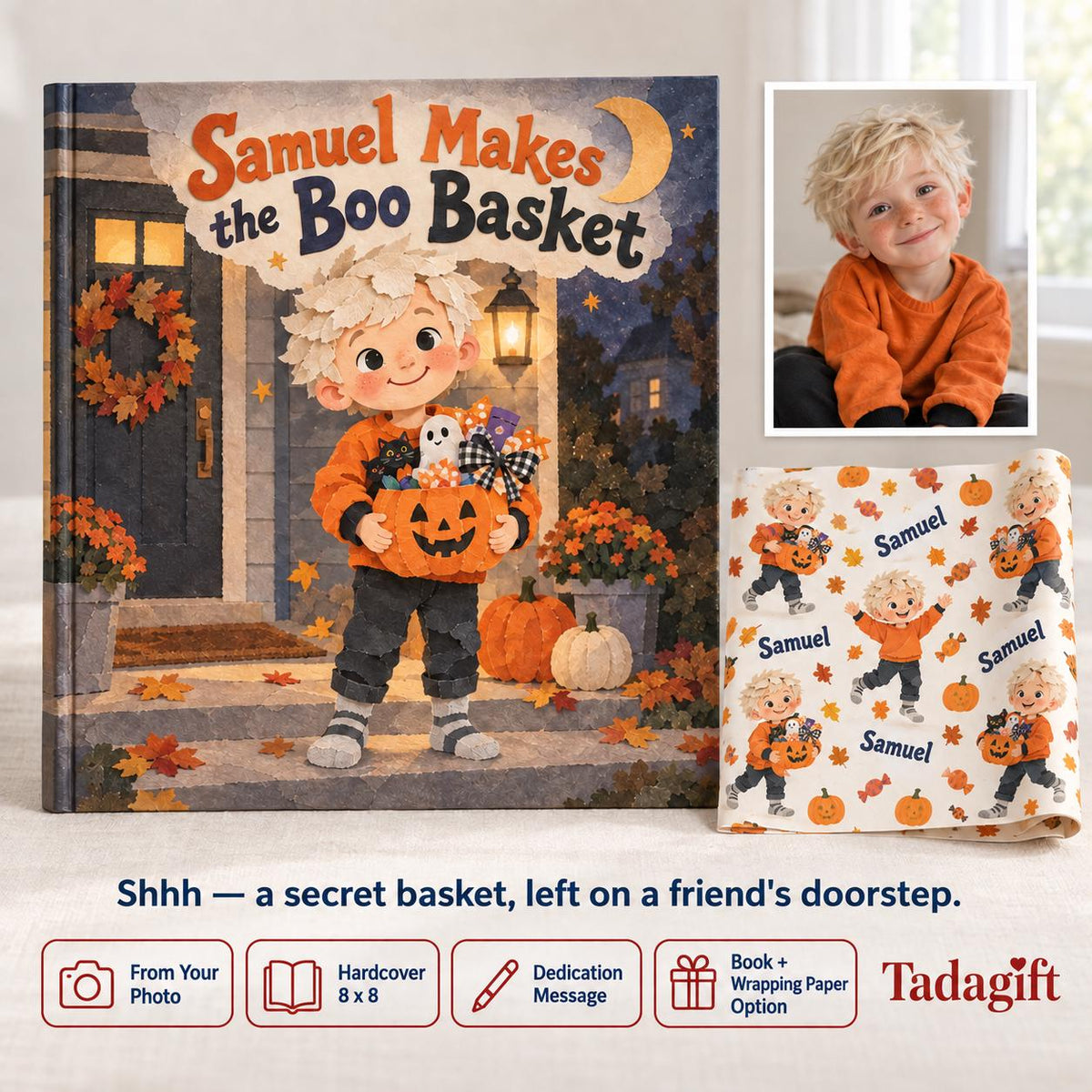 Personalized Children's Book in Hardcover: Illustrated Making Boo Basket with Wrapping Paper Included