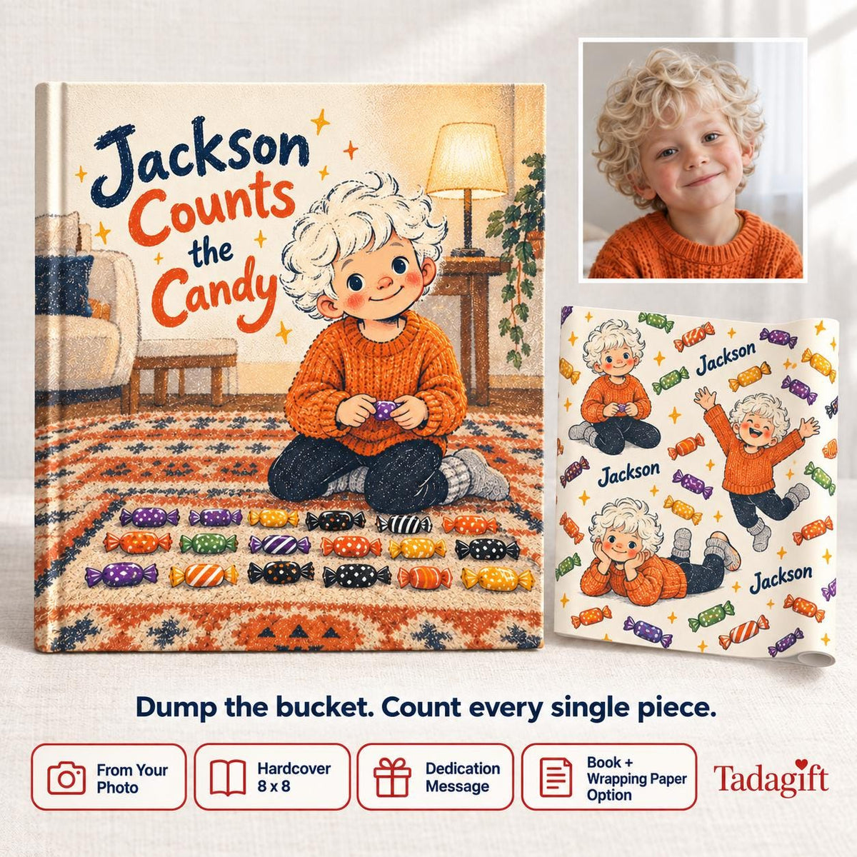 Personalized Children's Book in Hardcover: Halloween Counting Candy Story with Wrapping Paper Included