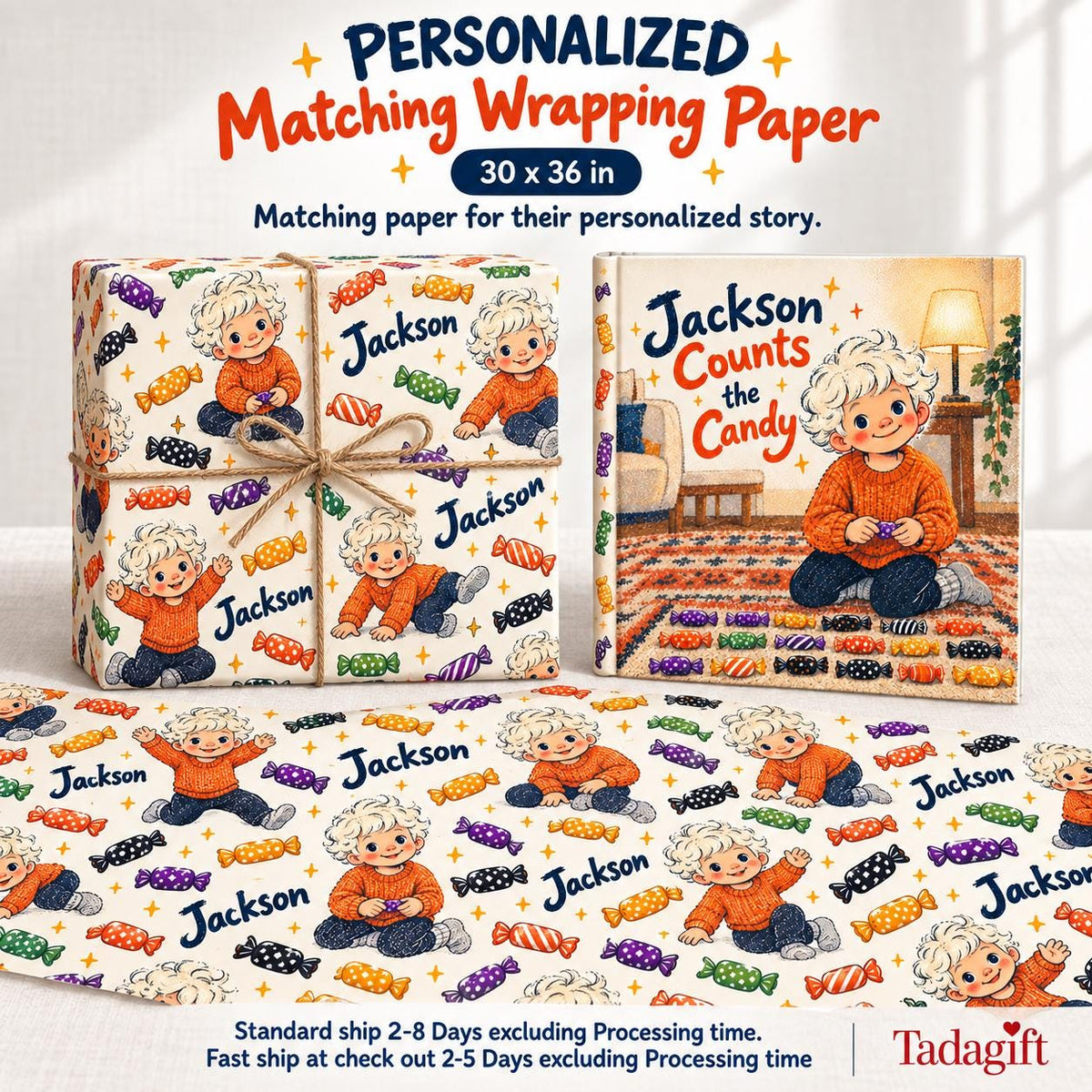 Personalized Children's Book in Hardcover: Halloween Counting Candy Story with Wrapping Paper Included