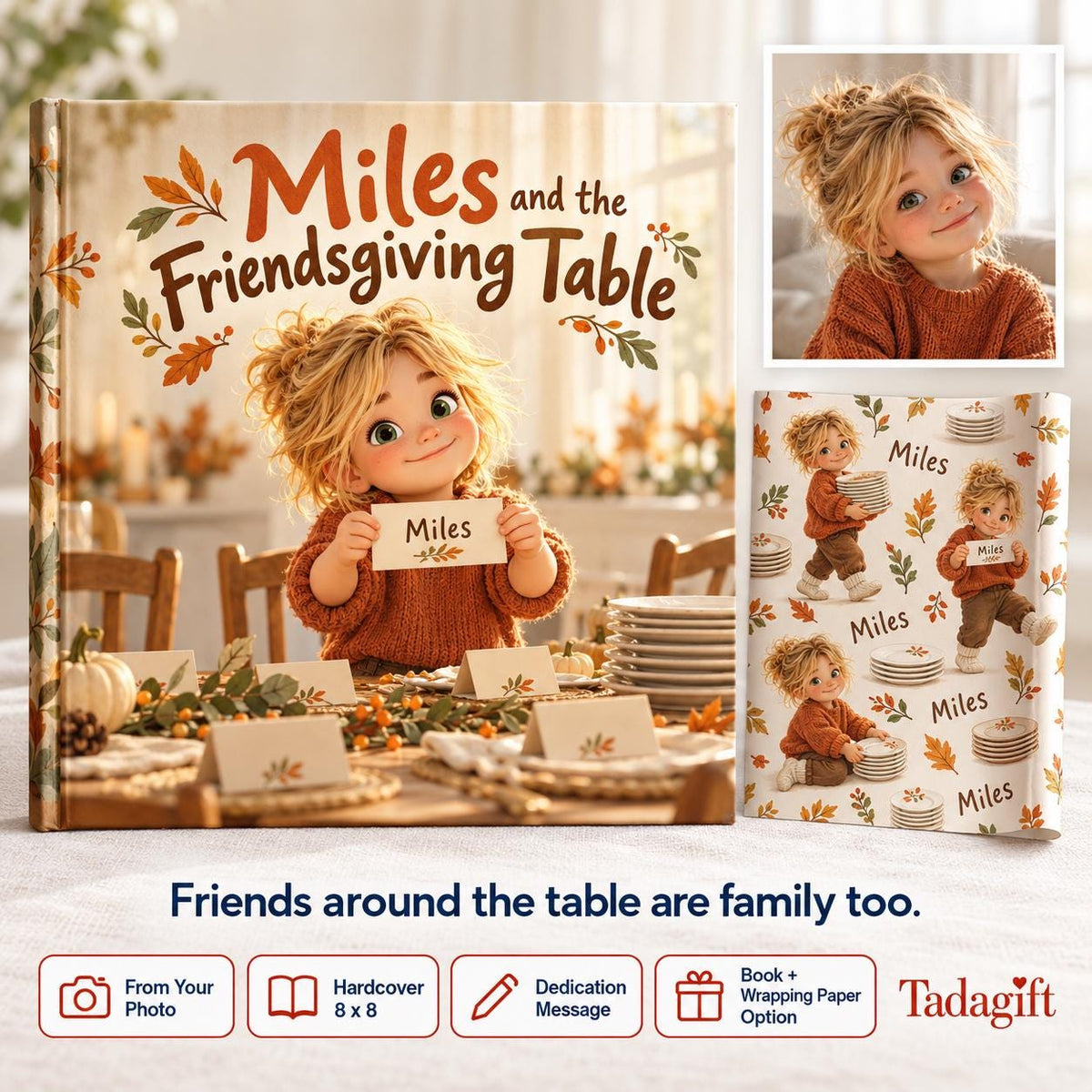 Personalized Children's Book in Hardcover: Thanksgiving Friendsgiving Table Story with Wrapping Paper Included