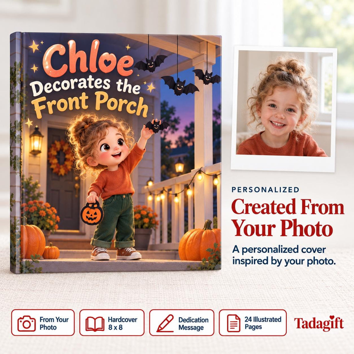 Personalized Children's Book in Hardcover: Halloween Decorating Porch Story with Wrapping Paper Included