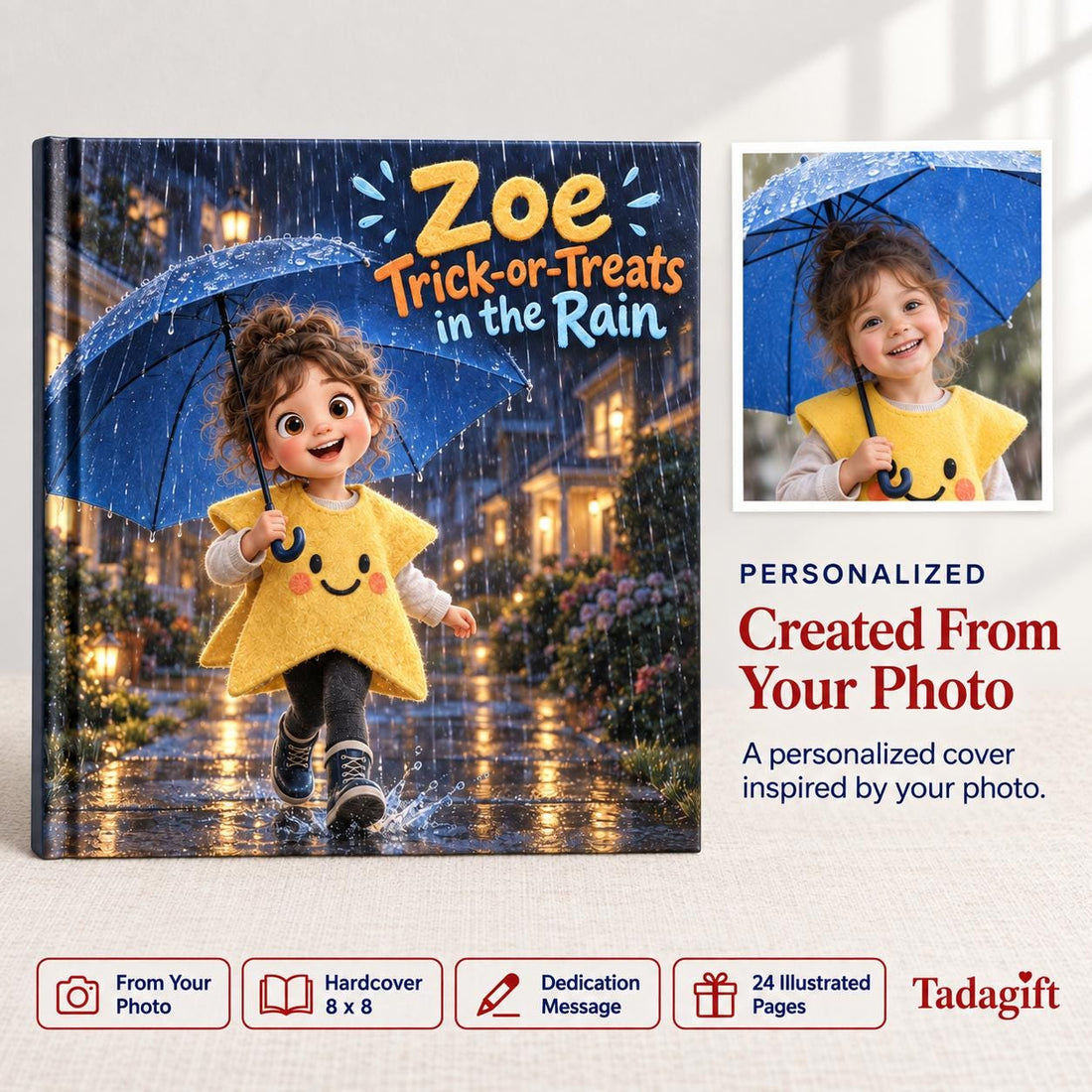 Personalized Children's Book in Hardcover: Trick or Treat in Rain with Wrapping Paper Included