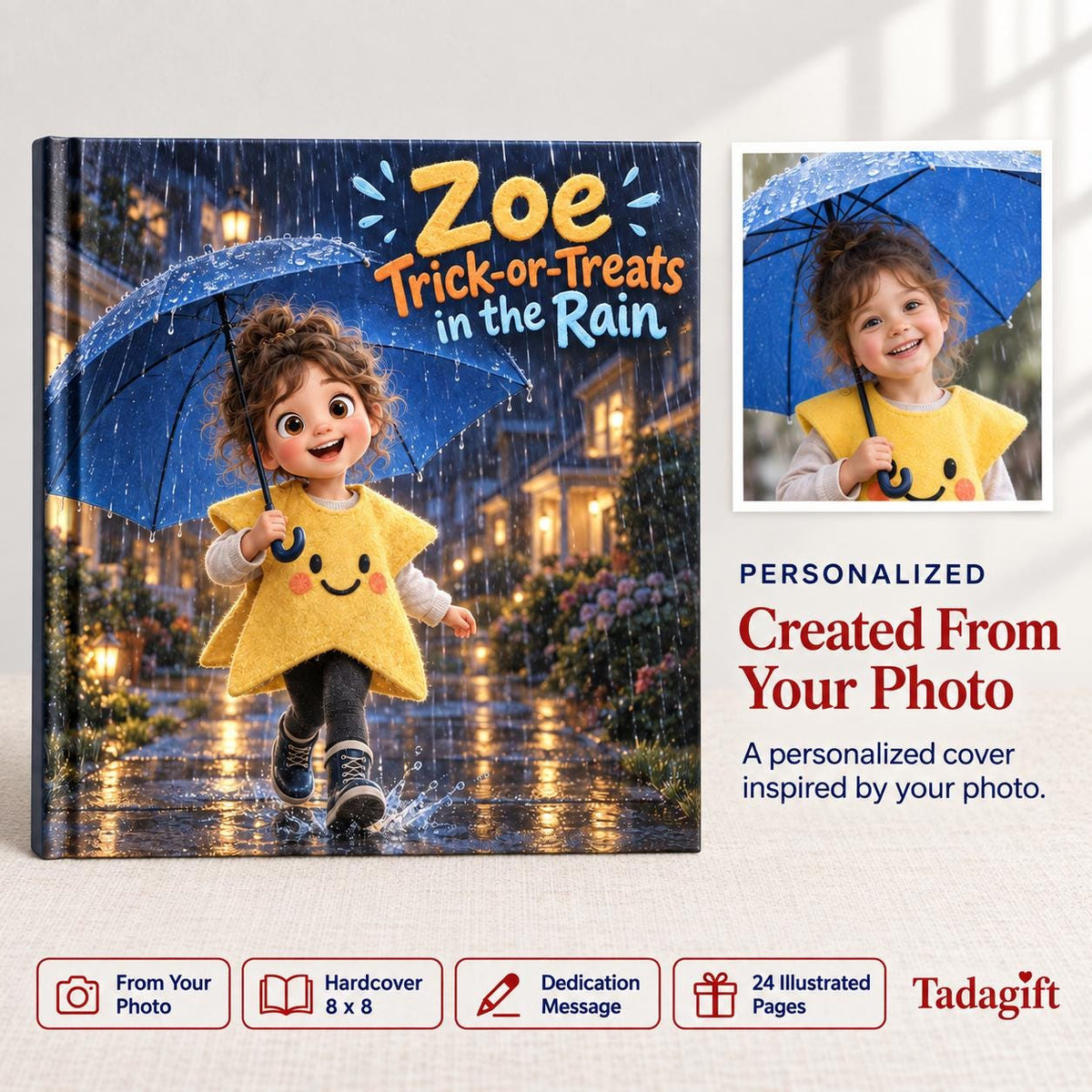 Personalized Children's Book in Hardcover: Trick or Treat in Rain with Wrapping Paper Included