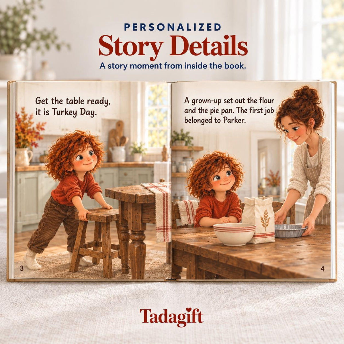 Personalized Children's Book in Hardcover: Illustrated Turkey Day Morning with Wrapping Paper Included