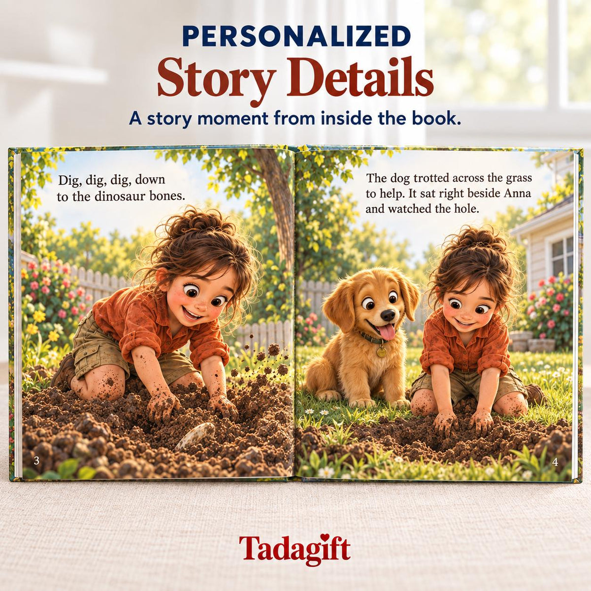 Personalized Children's Book in Hardcover: Illustrated Digging Up Dinosaur with Wrapping Paper Included