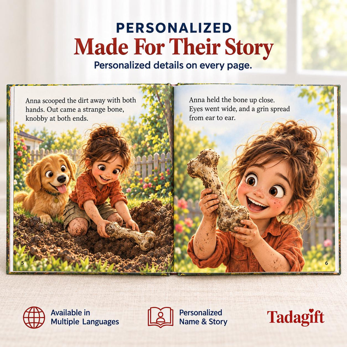 Personalized Children's Book in Hardcover: Illustrated Digging Up Dinosaur with Wrapping Paper Included