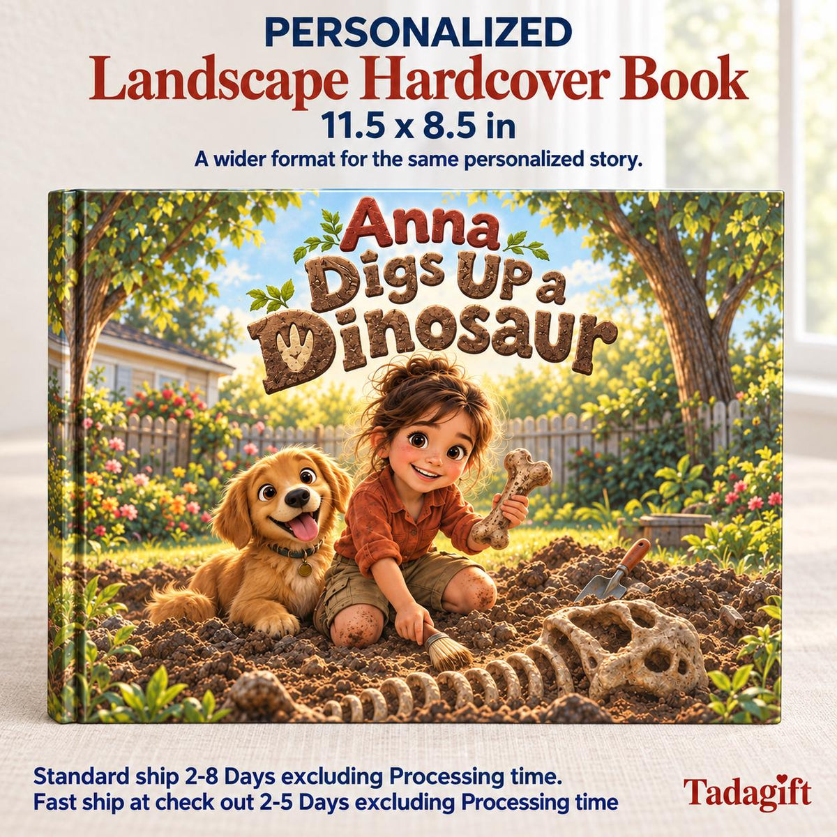 Personalized Children's Book in Hardcover: Illustrated Digging Up Dinosaur with Wrapping Paper Included