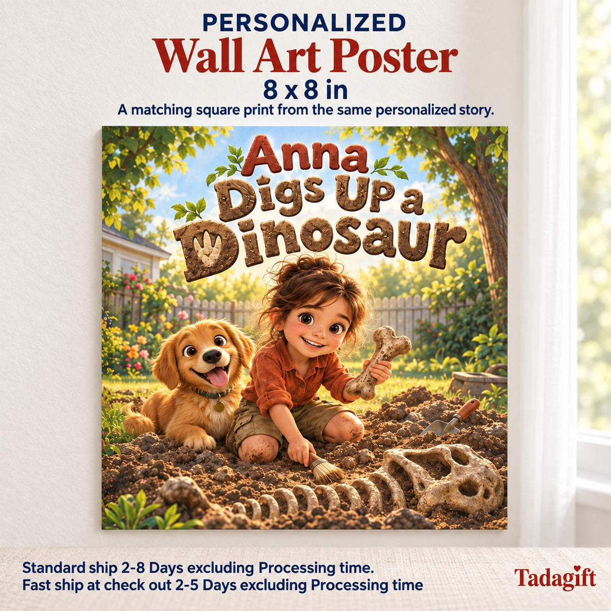 Personalized Children's Book in Hardcover: Illustrated Digging Up Dinosaur with Wrapping Paper Included