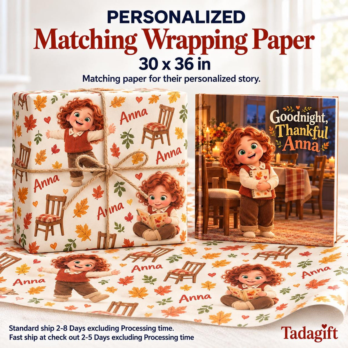 Personalized Children's Book in Hardcover: Illustrated Goodnight Thankful Heart with Wrapping Paper Included