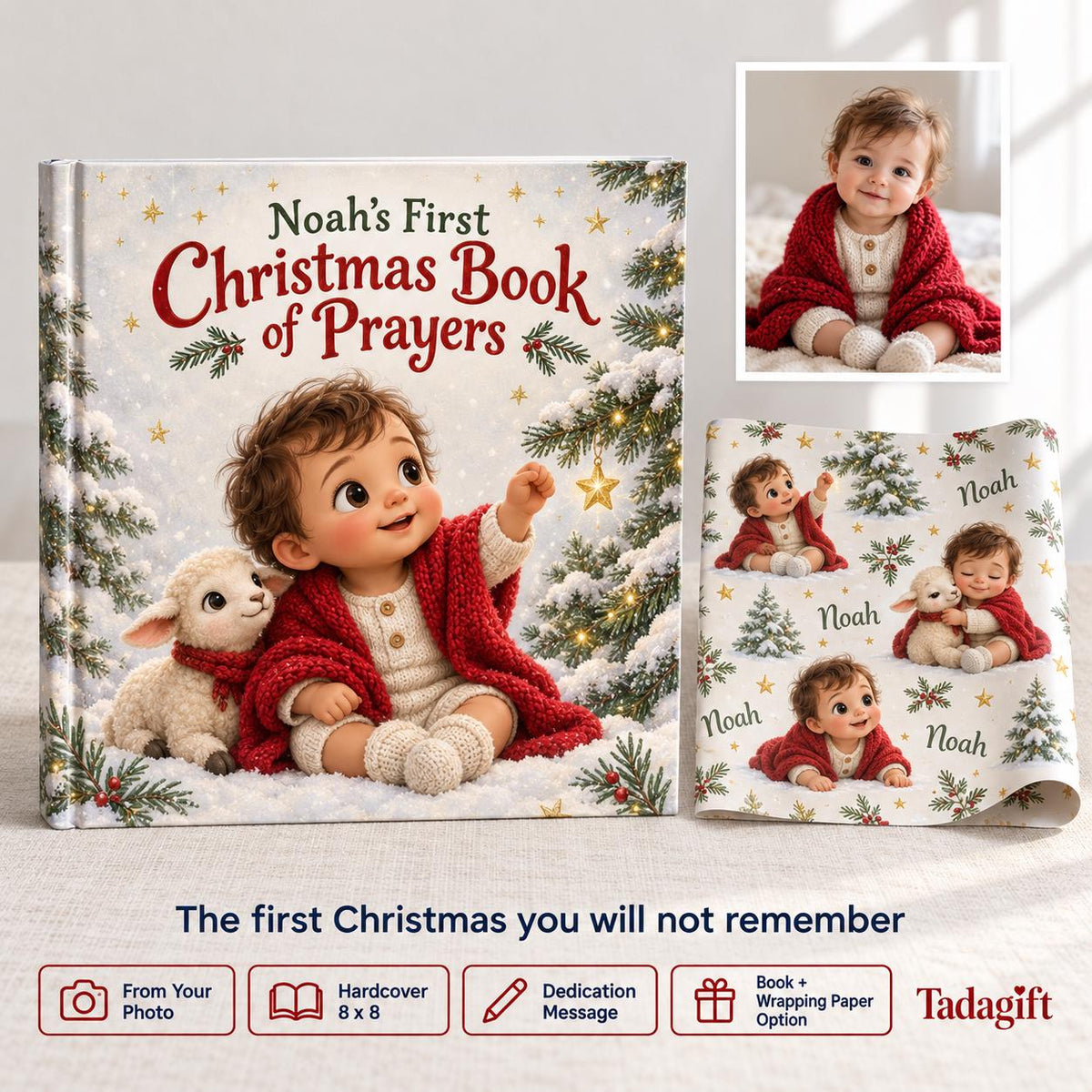 Custom Photo Baby First Christmas Book of Prayers, Christian Bedtime Keepsake, Baptism Baby Gift