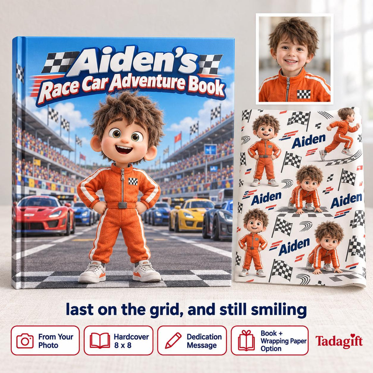 Personalized Children's Book in Hardcover: Racing Last on Grid with Wrapping Paper Included