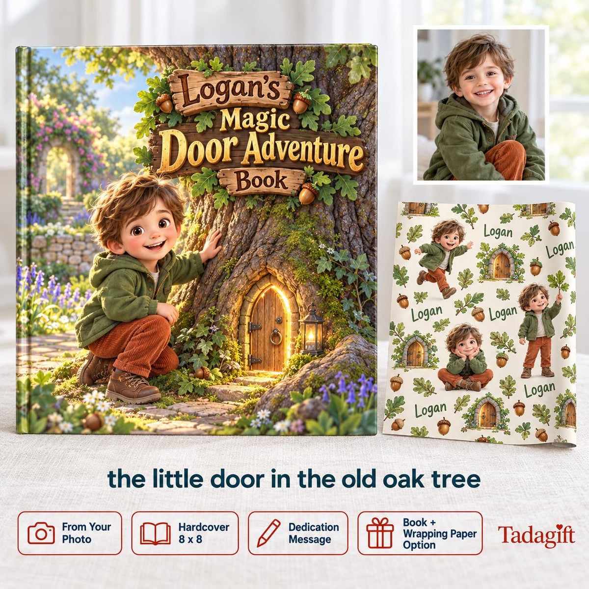 Personalized Children's Book in Hardcover: Illustrated Door in Oak Advnture with Wrapping Paper Included