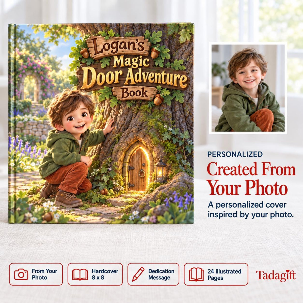 Personalized Children's Book in Hardcover: Illustrated Door in Oak Advnture with Wrapping Paper Included