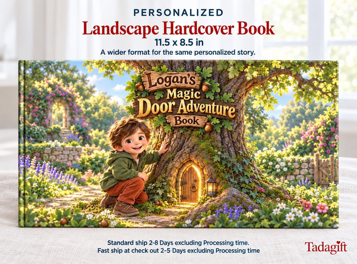 Personalized Children's Book in Hardcover: Illustrated Door in Oak Advnture with Wrapping Paper Included