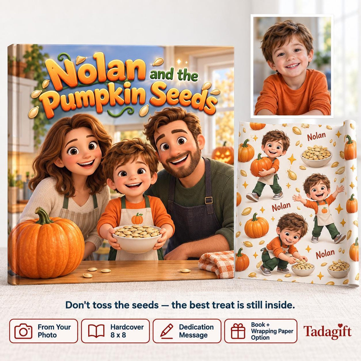 Personalized Children's Book in Hardcover: Illustrated Roasting Pumpkin Seeds with Wrapping Paper Included