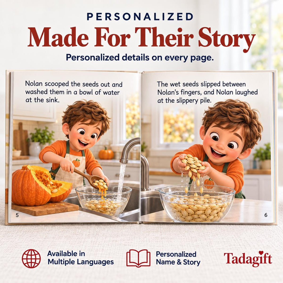 Personalized Children's Book in Hardcover: Illustrated Roasting Pumpkin Seeds with Wrapping Paper Included