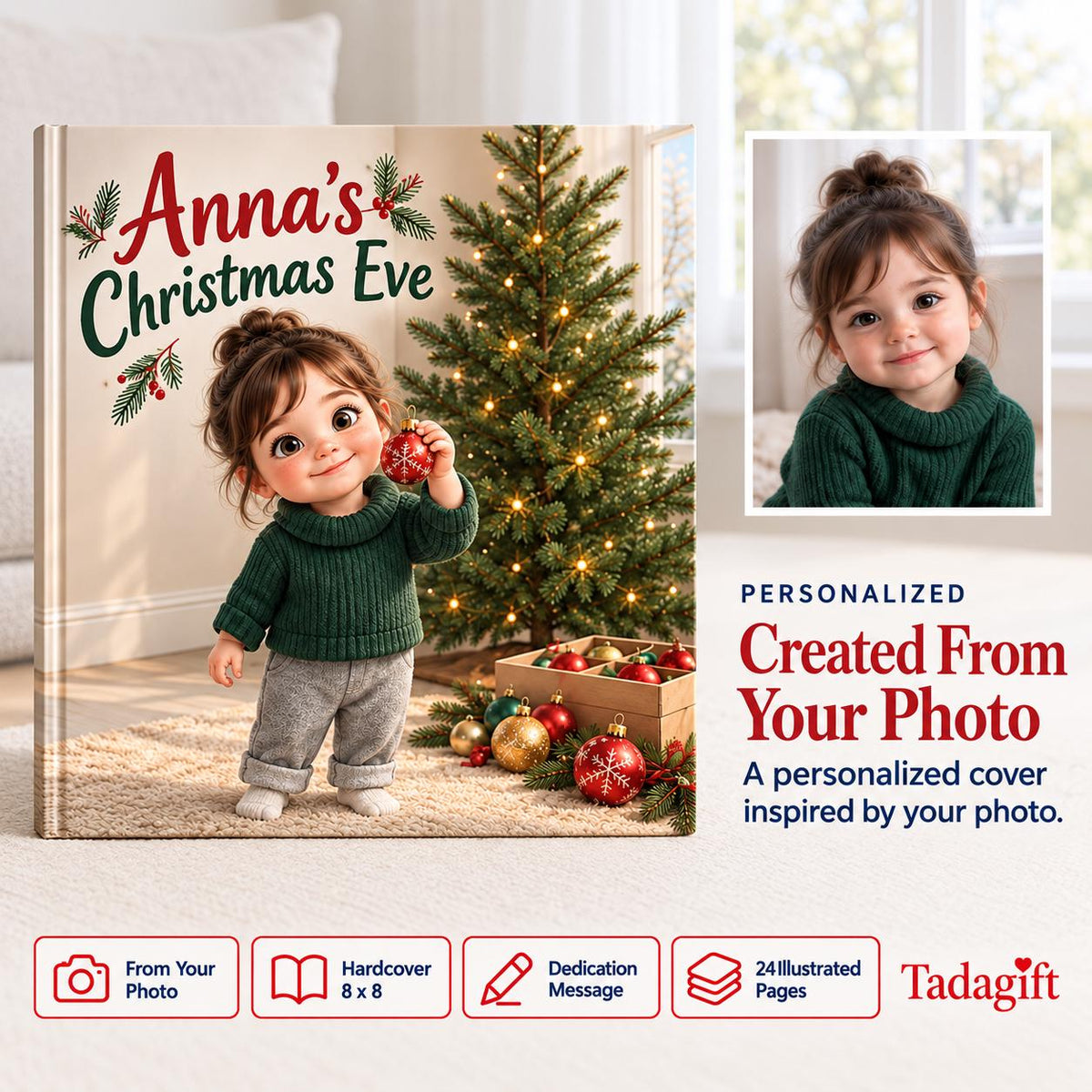 Personalized Children's Book in Hardcover: Illustrated Christmas Eve Surprise with Wrapping Paper Included