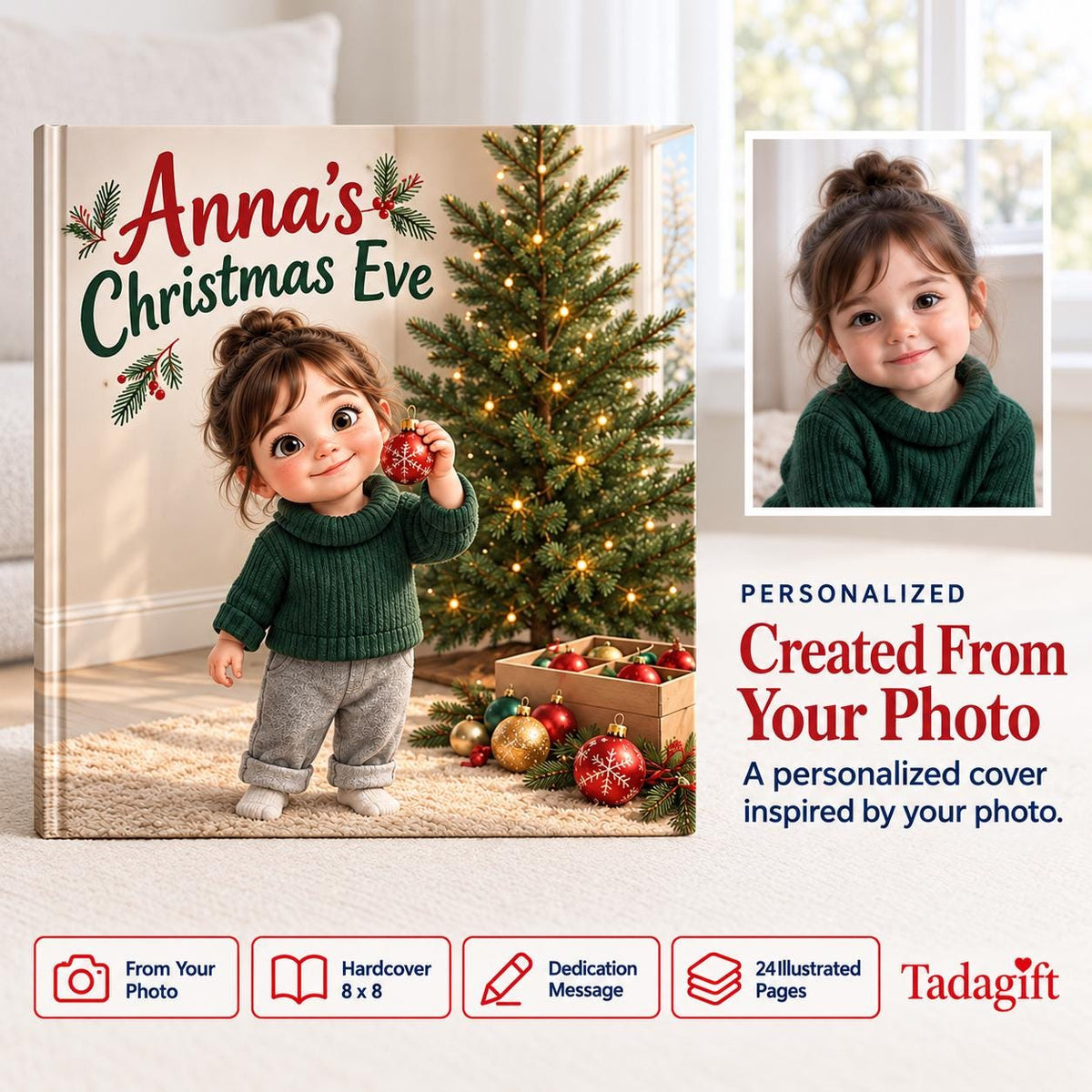 Personalized Children's Book in Hardcover: Illustrated Christmas Eve Surprise with Wrapping Paper Included