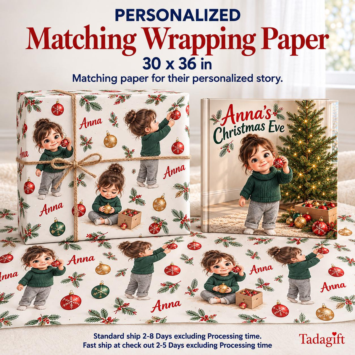 Personalized Children's Book in Hardcover: Illustrated Christmas Eve Surprise with Wrapping Paper Included