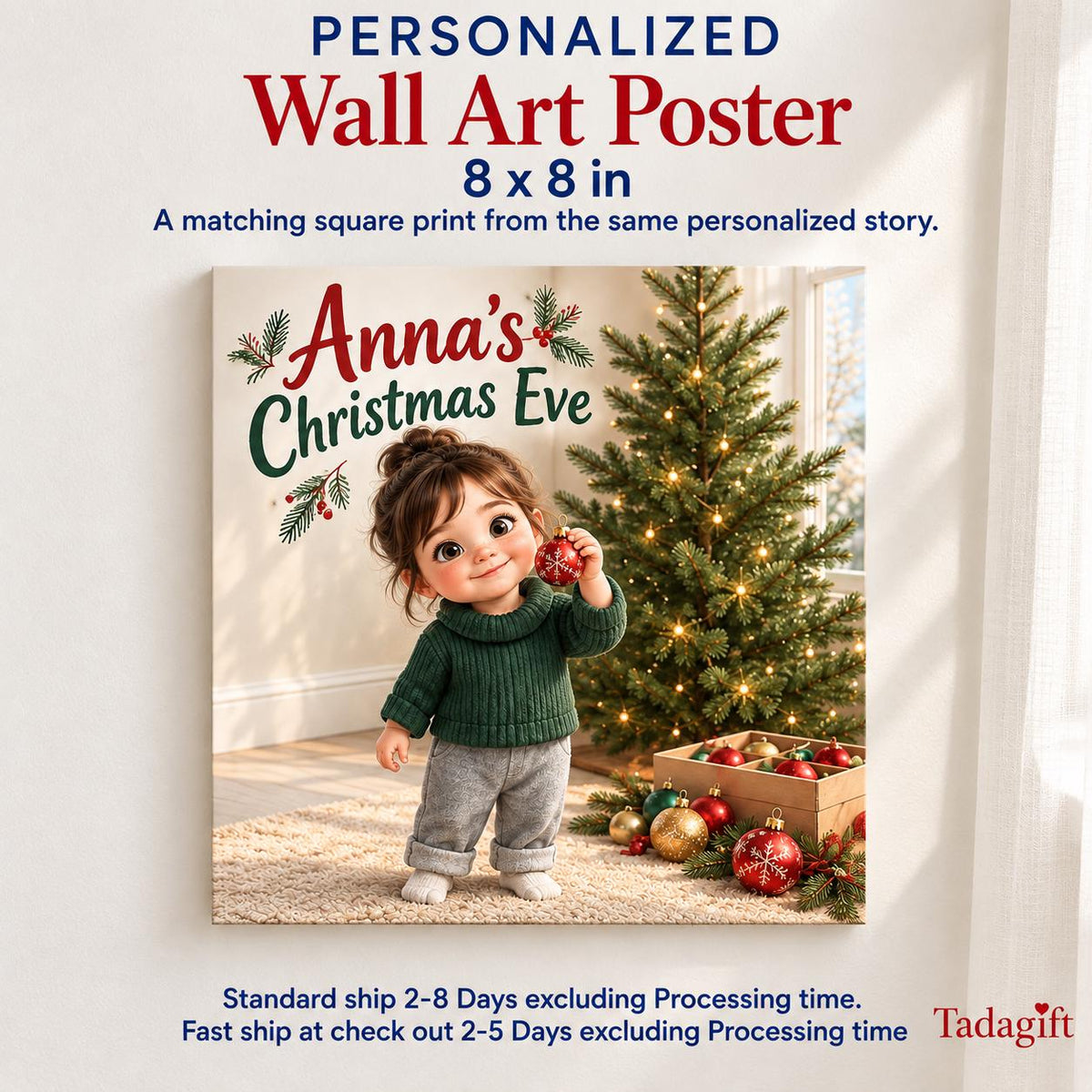 Personalized Children's Book in Hardcover: Illustrated Christmas Eve Surprise with Wrapping Paper Included