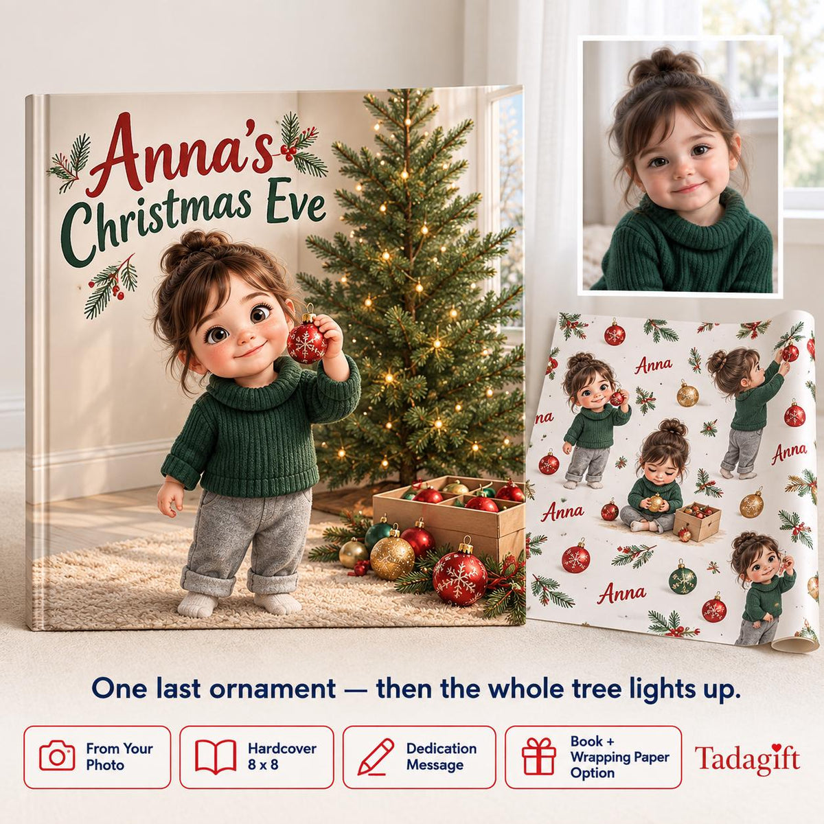 Personalized Children's Book in Hardcover: Illustrated Christmas Eve Surprise with Wrapping Paper Included