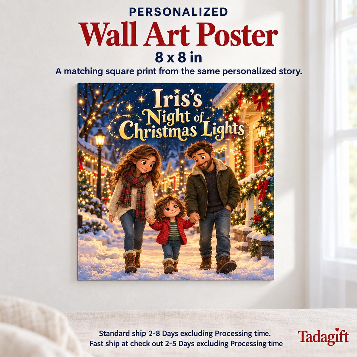 Personalized Children's Book in Hardcover: Illustrated Christmas Light Walk with Wrapping Paper Included