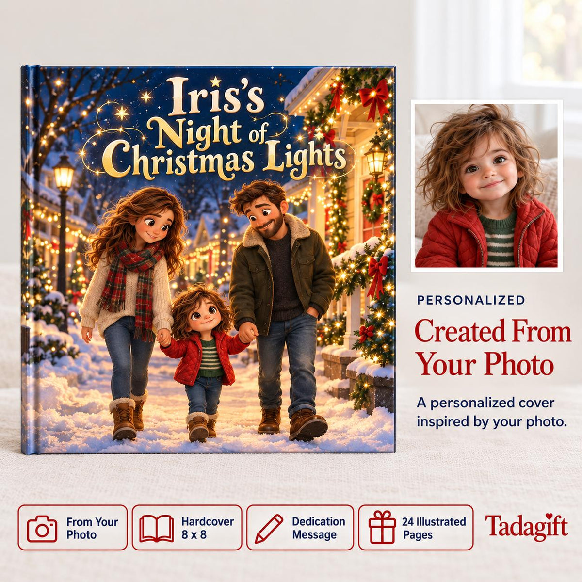 Personalized Children's Book in Hardcover: Illustrated Christmas Light Walk with Wrapping Paper Included