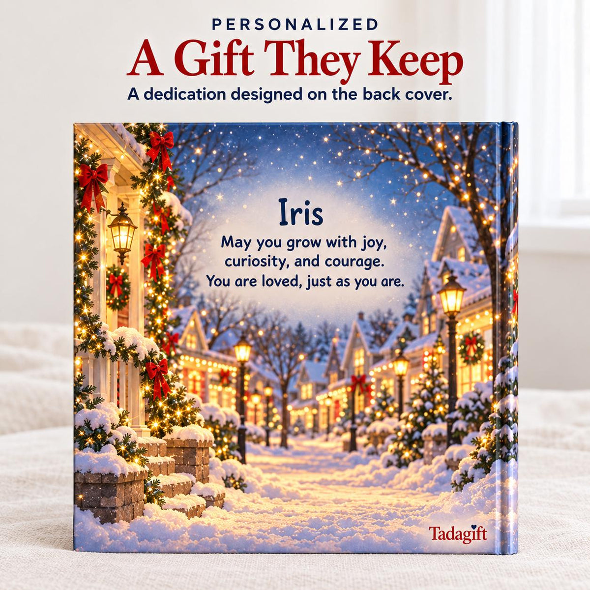 Personalized Children's Book in Hardcover: Illustrated Christmas Light Walk with Wrapping Paper Included
