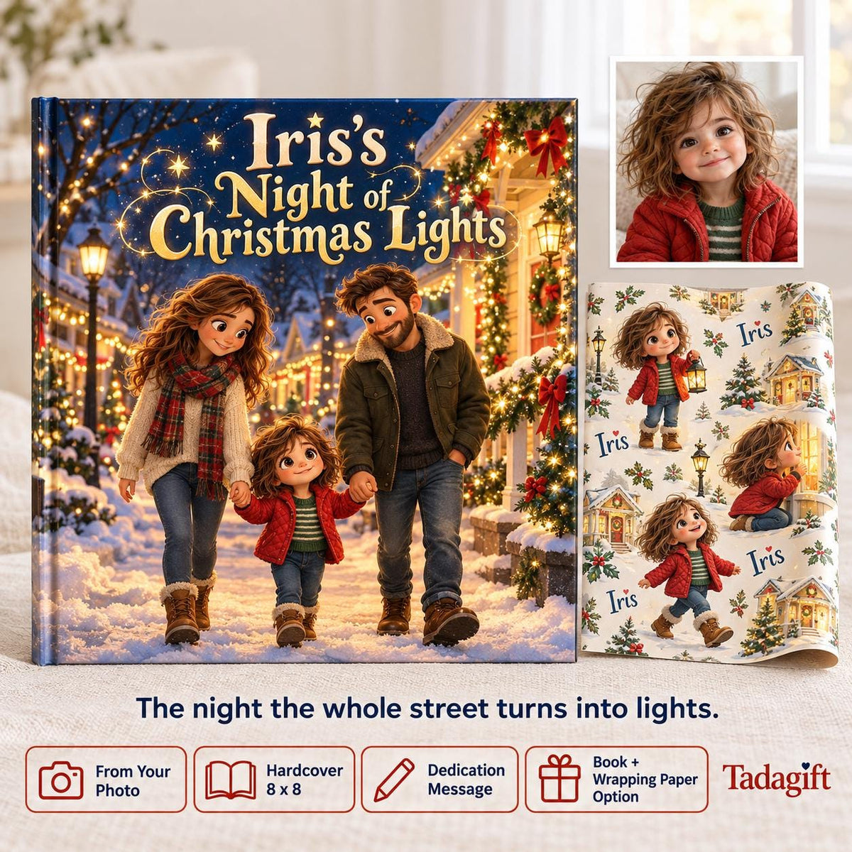 Personalized Children's Book in Hardcover: Illustrated Christmas Light Walk with Wrapping Paper Included
