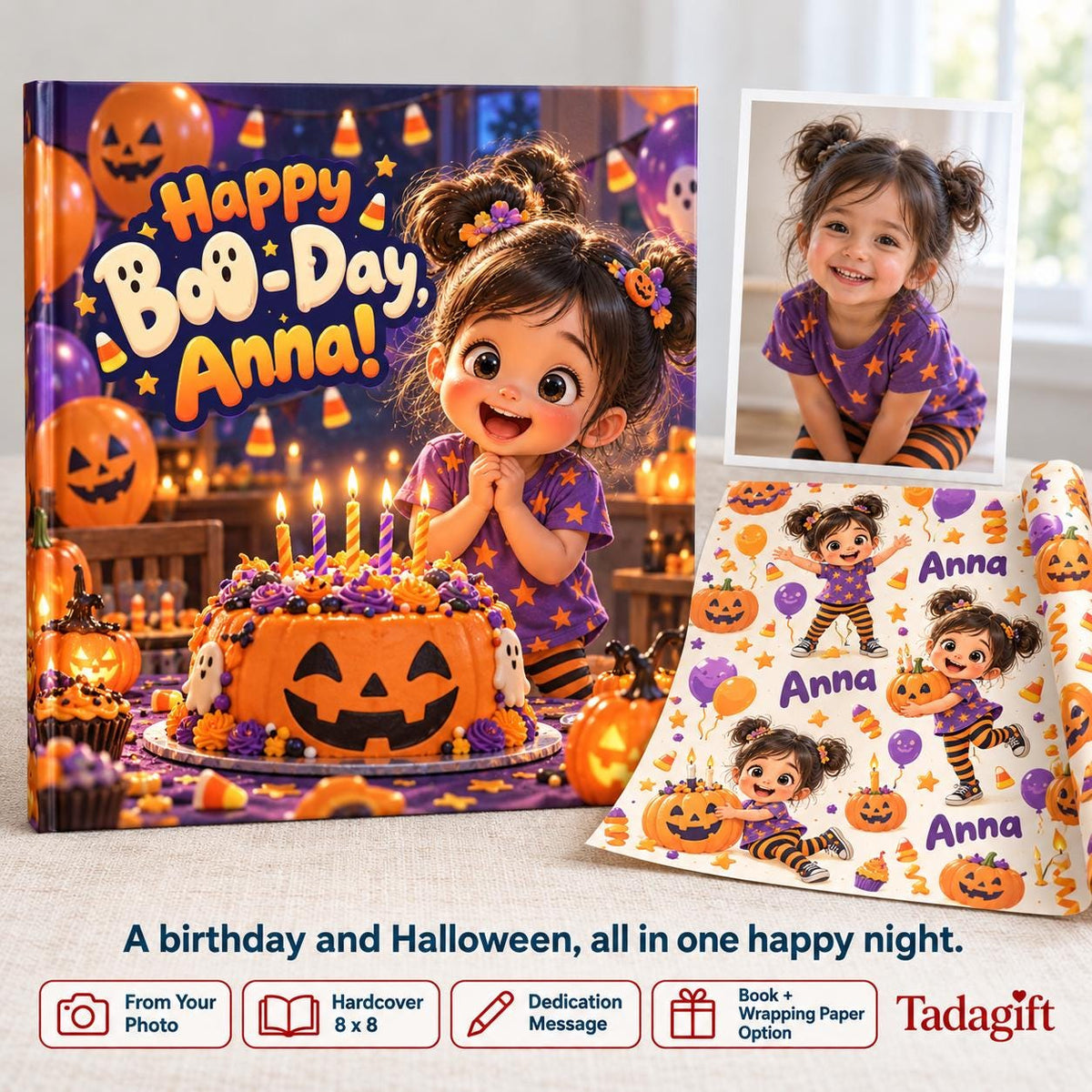 Personalized Children's Book in Hardcover: Spooky Birthday Boo Day with Wrapping Paper Included