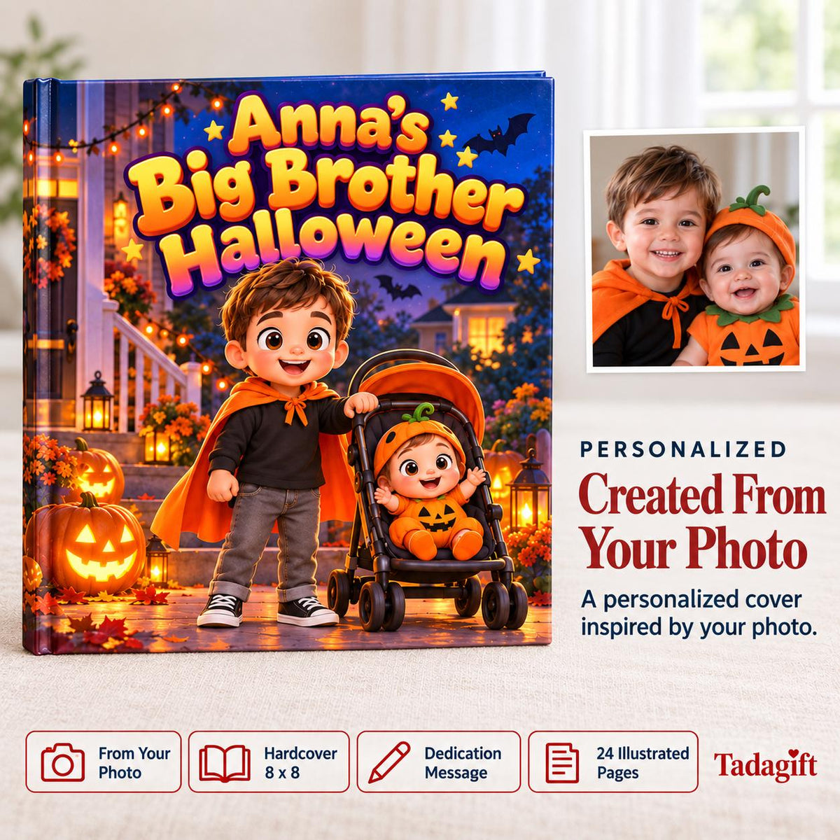 Personalized Children's Book in Hardcover: Big Brother Halloween Story with Wrapping Paper Included