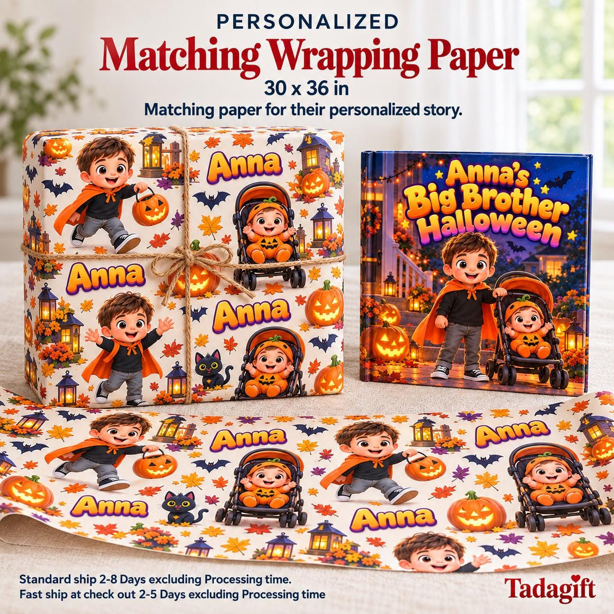 Personalized Children's Book in Hardcover: Big Brother Halloween Story with Wrapping Paper Included
