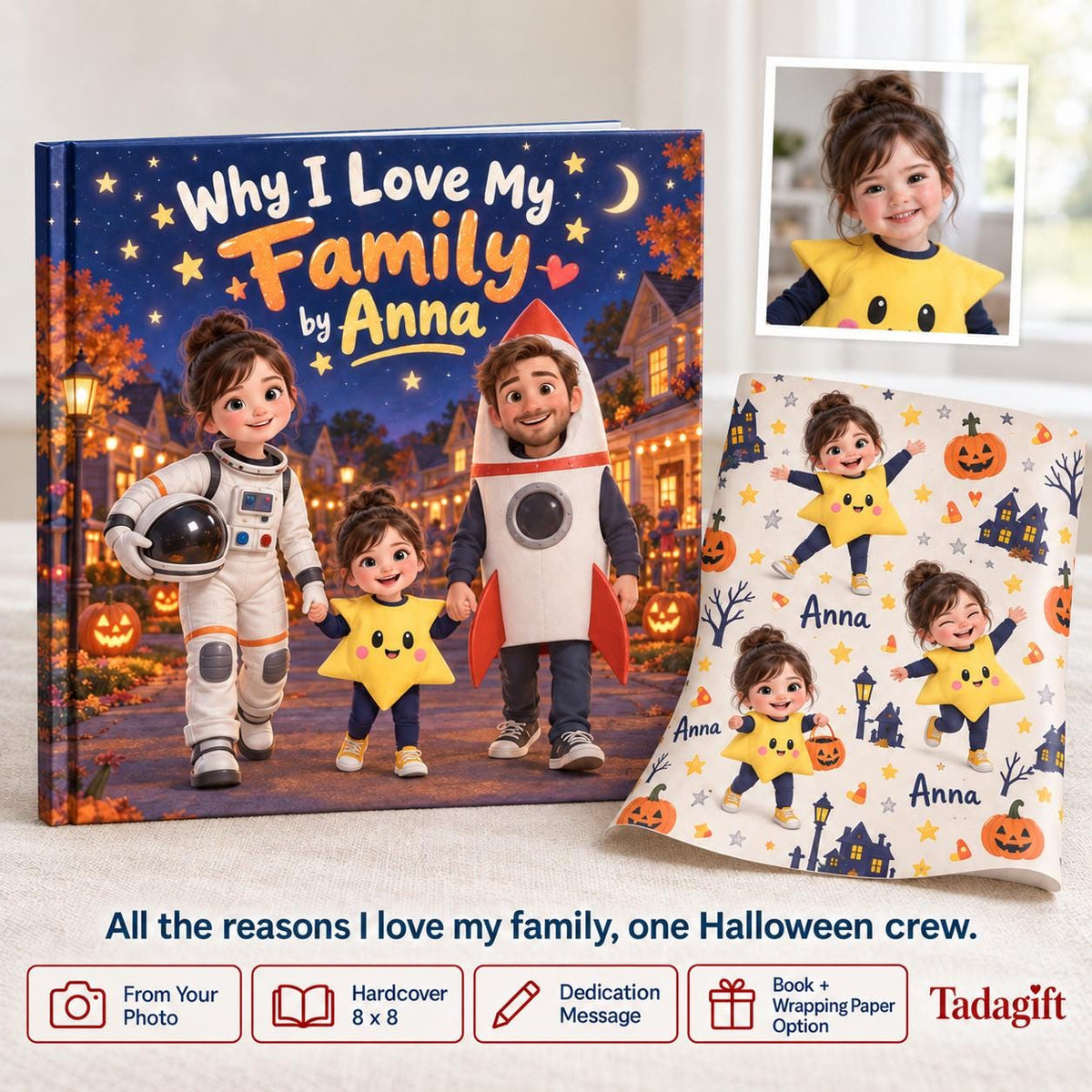 Personalized Children's Book in Hardcover: Halloween Matching Family Costumes with Wrapping Paper Included