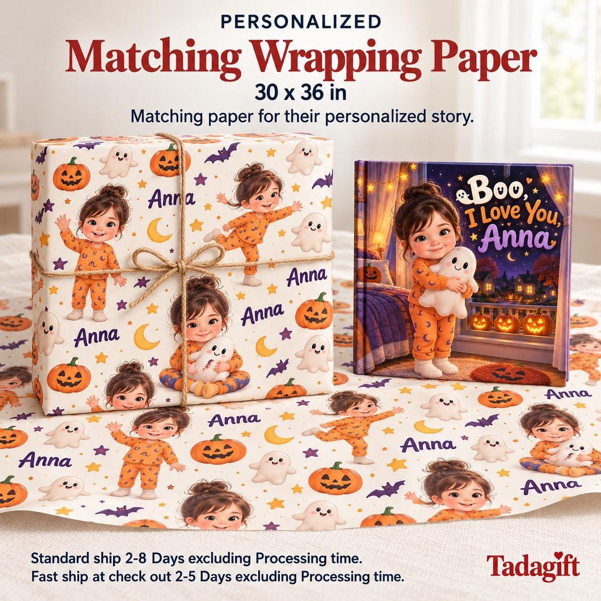 Personalized Children's Book in Hardcover: Halloween Ghost Bedtime Story with Wrapping Paper Included