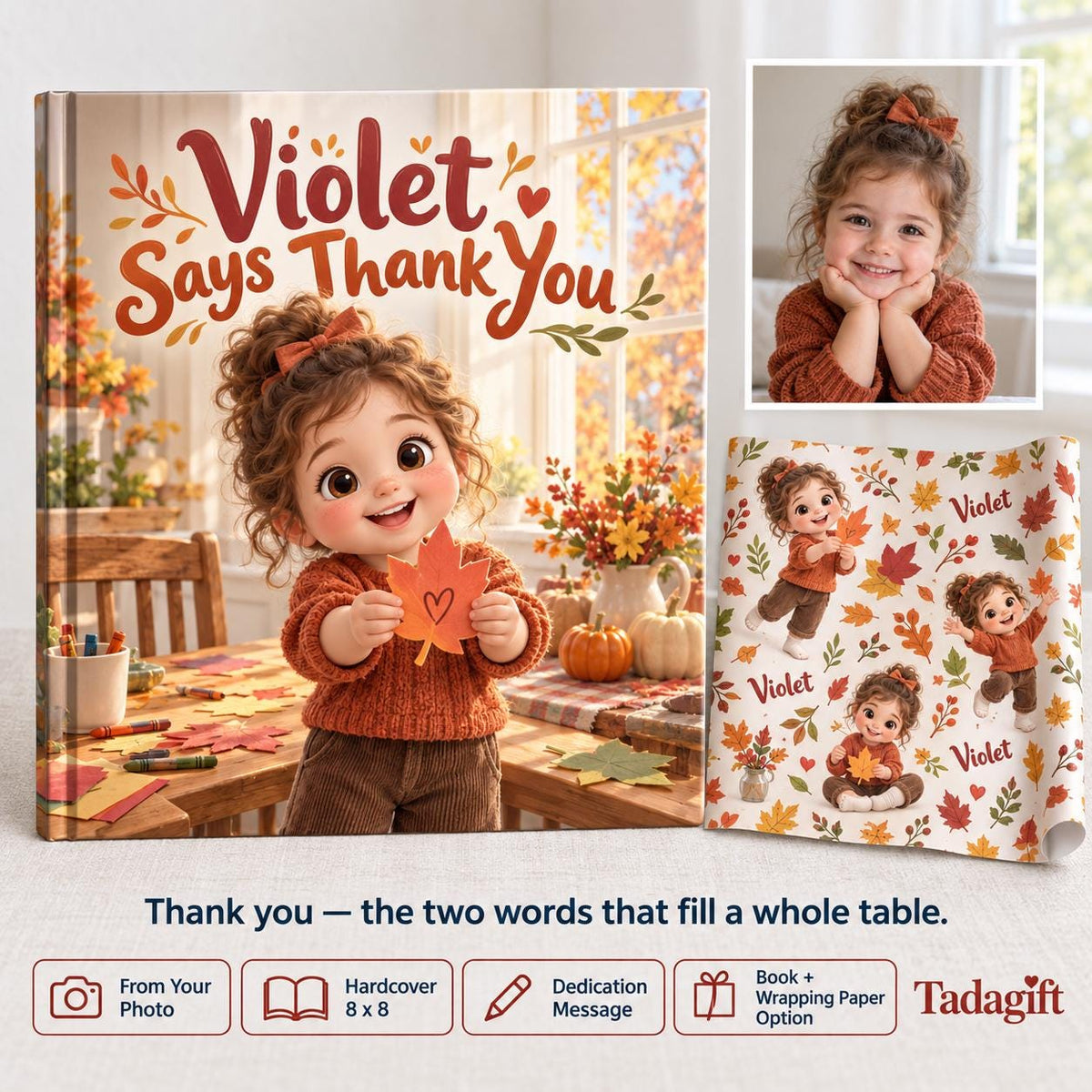 Personalized Children's Book in Hardcover: Illustrated Saying Thank You with Wrapping Paper Included