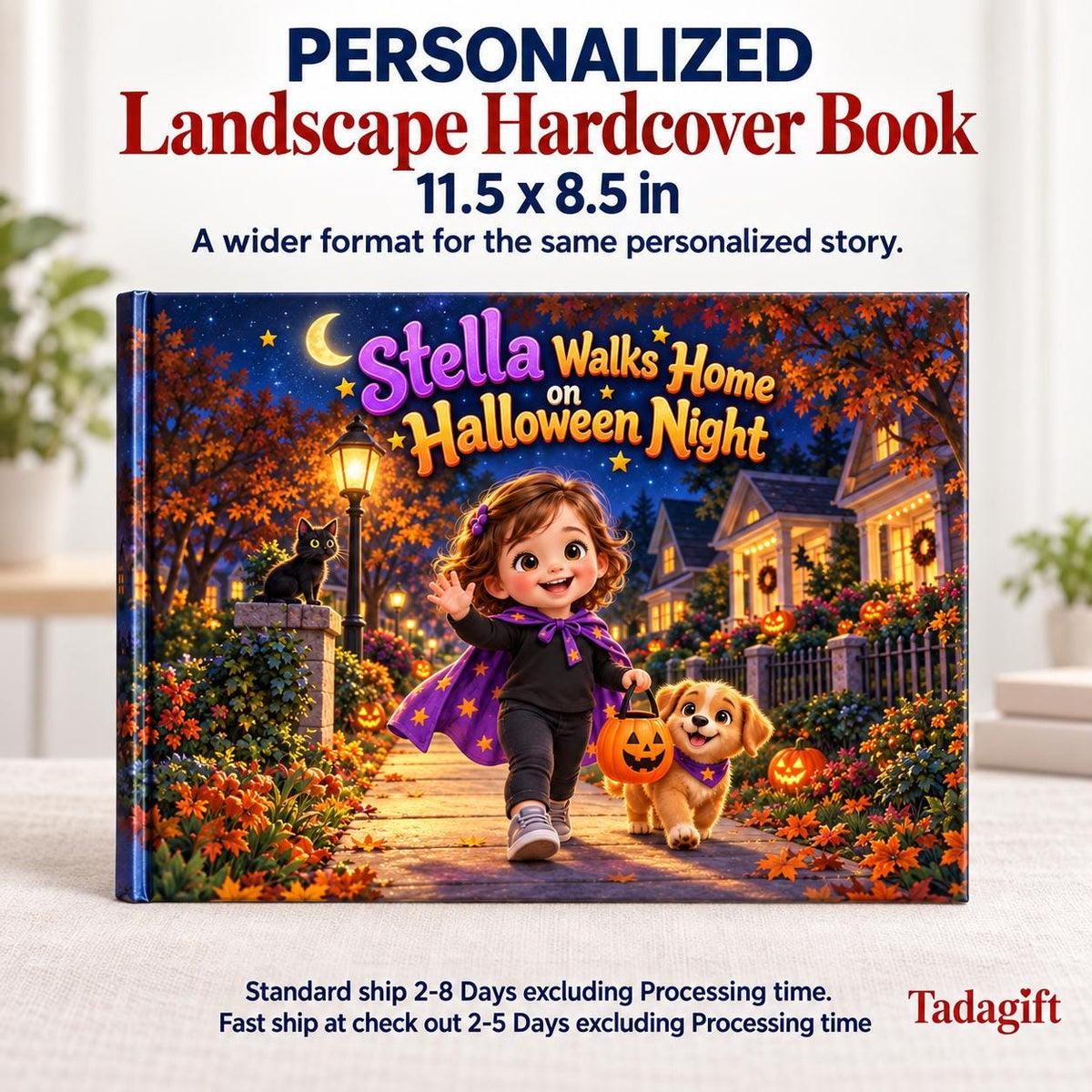 Personalized Children's Book in Hardcover: Illustrated Halloween Walk Home with Wrapping Paper Included