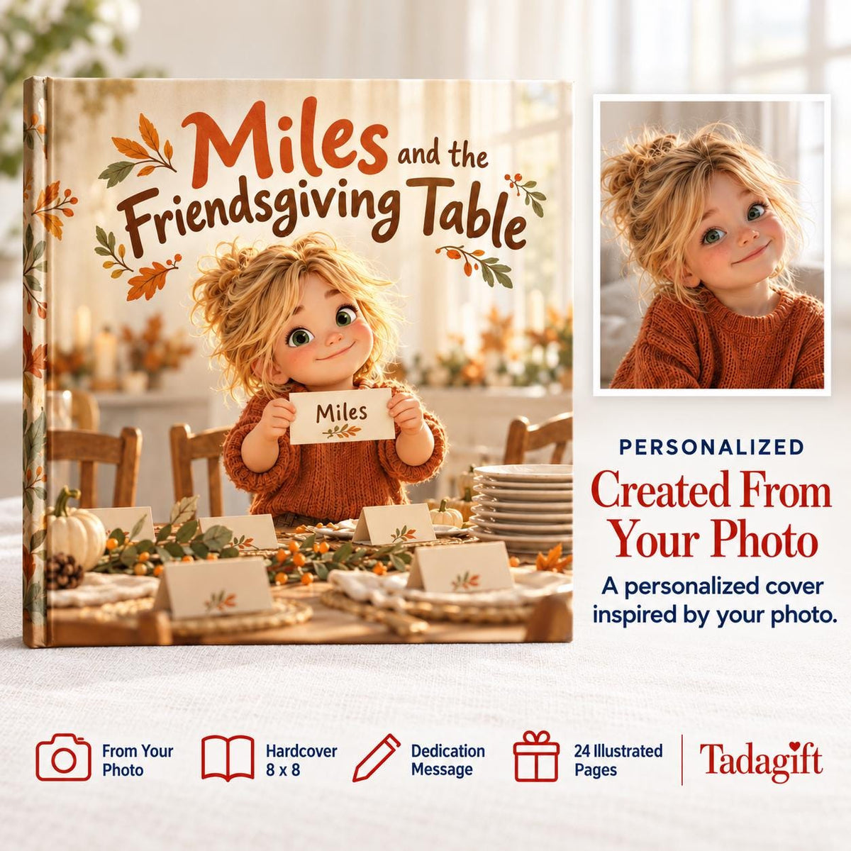 Personalized Children's Book in Hardcover: Thanksgiving Friendsgiving Table Story with Wrapping Paper Included