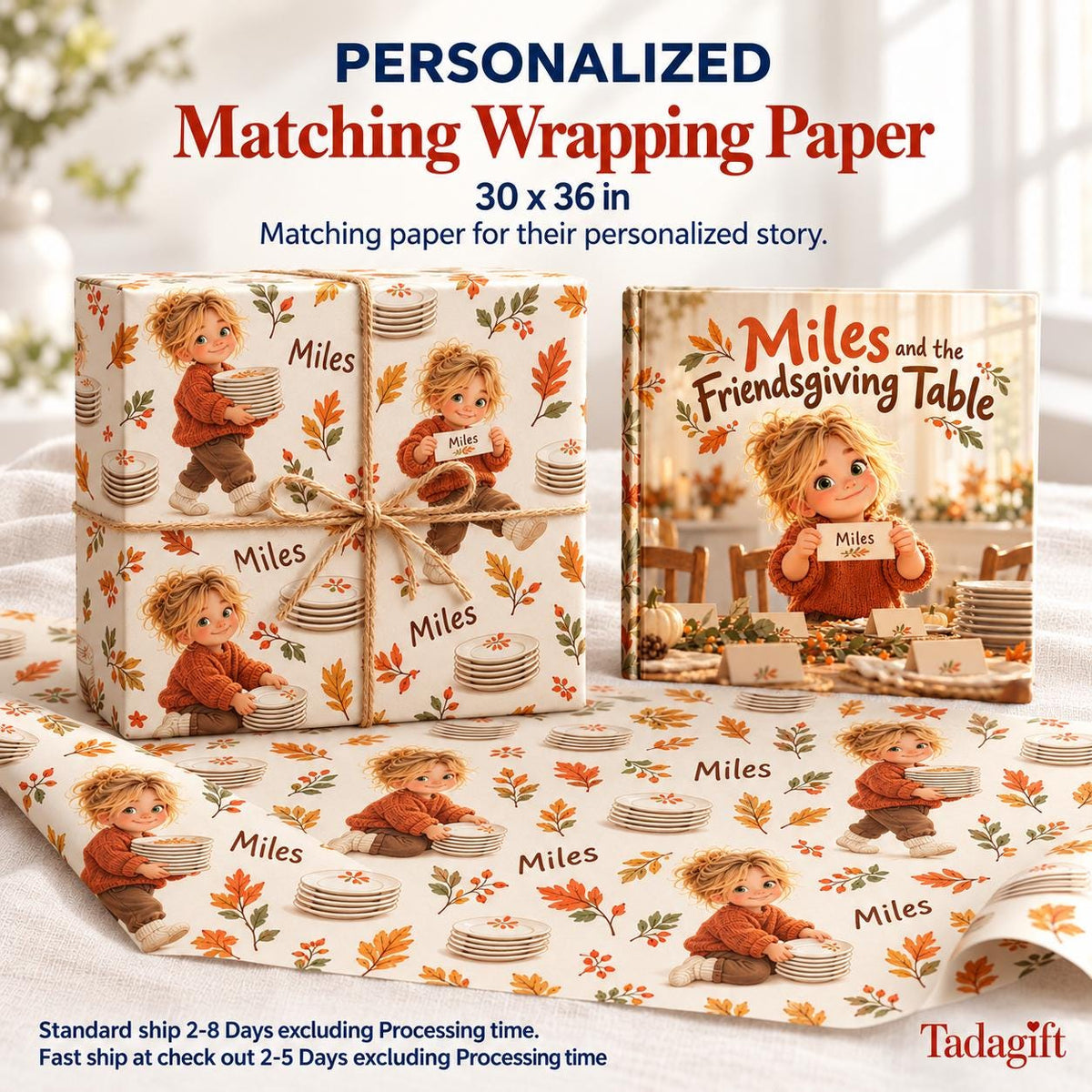 Personalized Children's Book in Hardcover: Thanksgiving Friendsgiving Table Story with Wrapping Paper Included