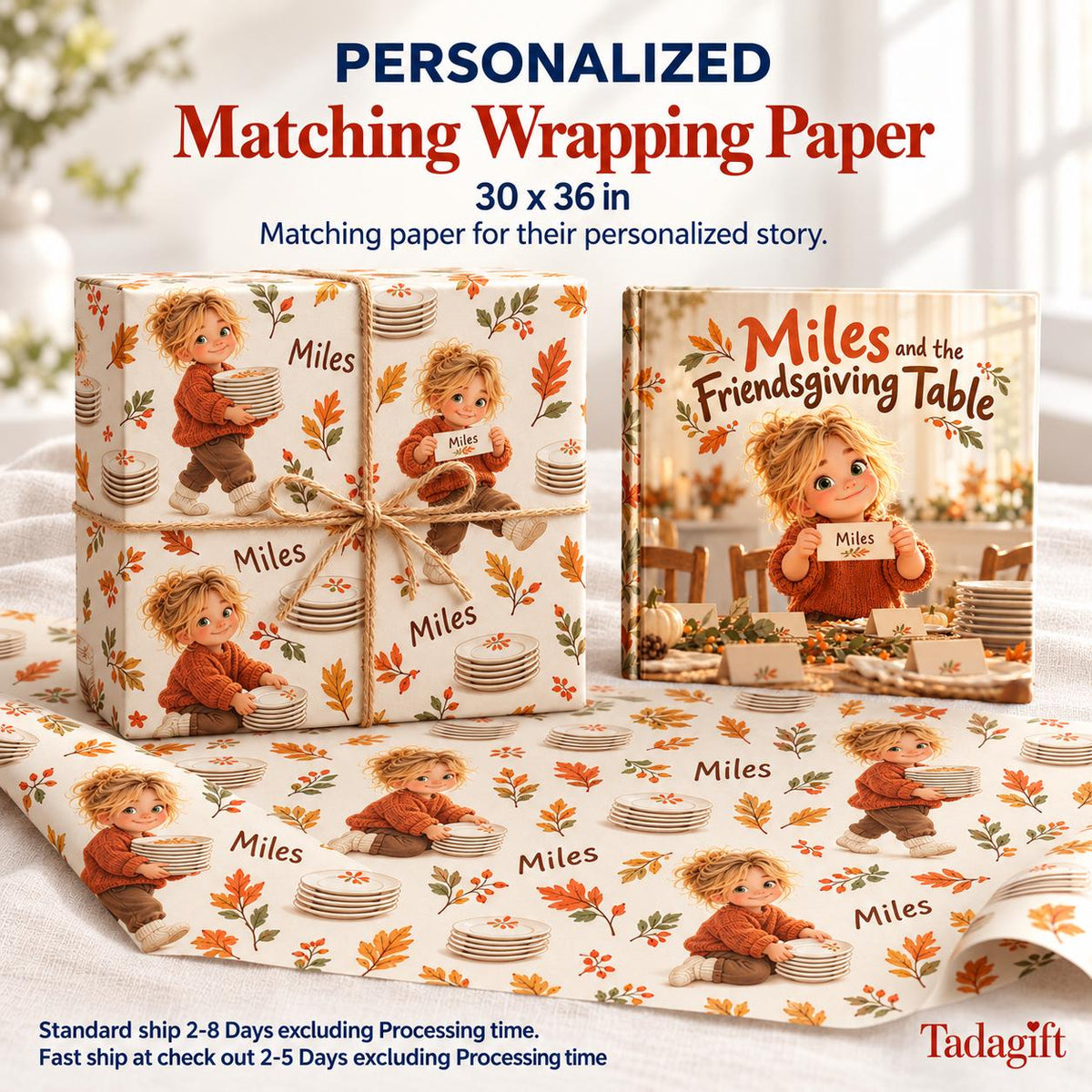 Personalized Children's Book in Hardcover: Thanksgiving Friendsgiving Table Story with Wrapping Paper Included
