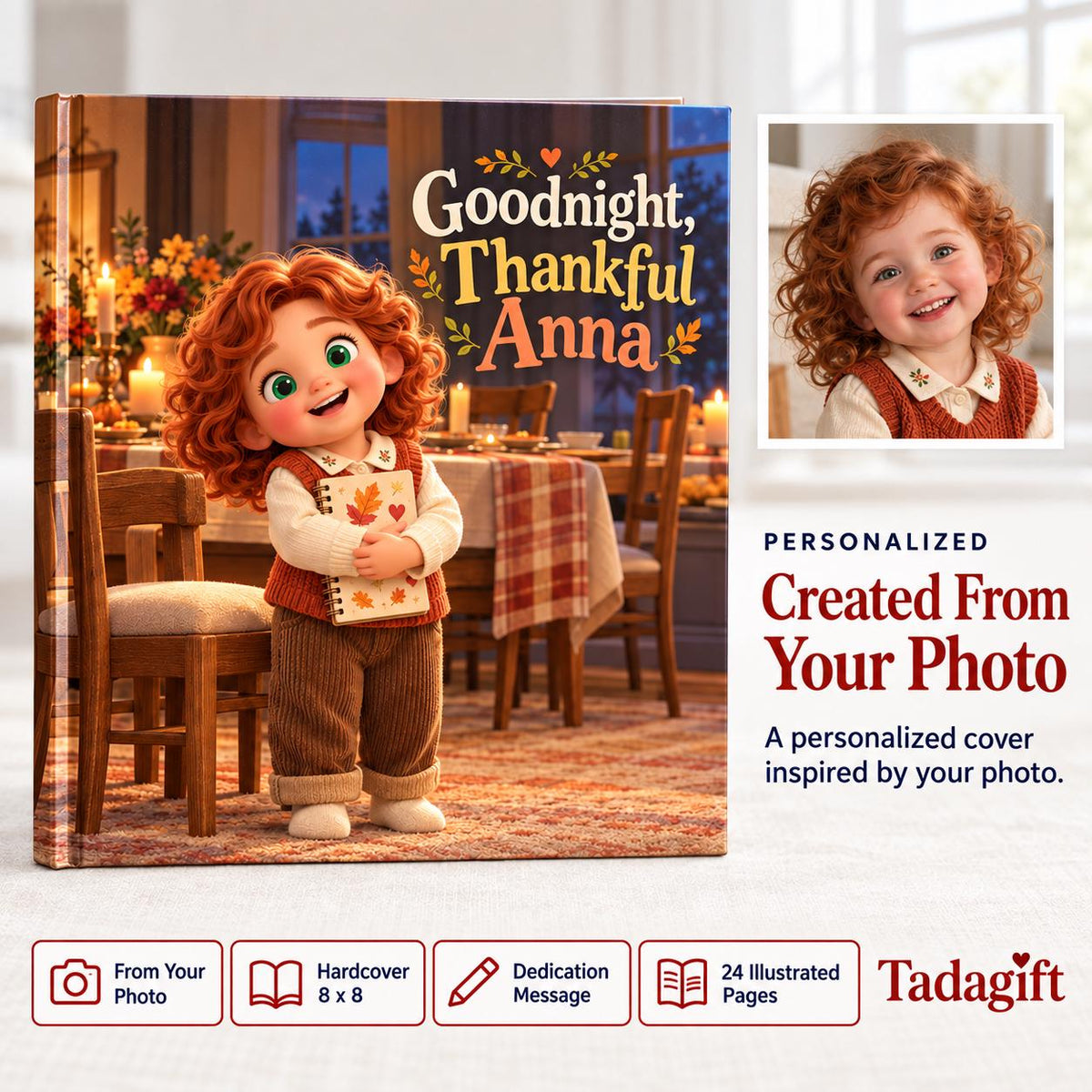 Personalized Children's Book in Hardcover: Illustrated Goodnight Thankful Heart with Wrapping Paper Included