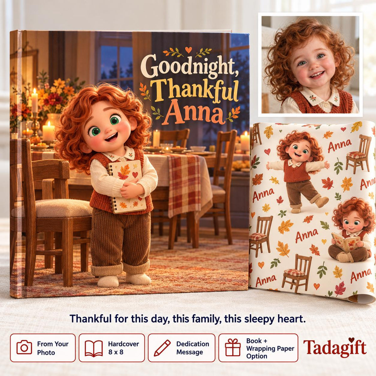 Personalized Children's Book in Hardcover: Illustrated Goodnight Thankful Heart with Wrapping Paper Included